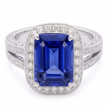 Round Natural Earth Mined Diamond Halo Radiant Sapphire Ring Split Milgrain Shank 5 Carats
