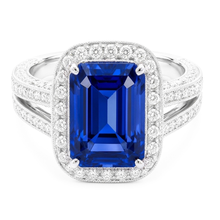 Round Natural Earth Mined Diamond Halo Radiant Sapphire Ring Split Milgrain Shank 5 Carats
