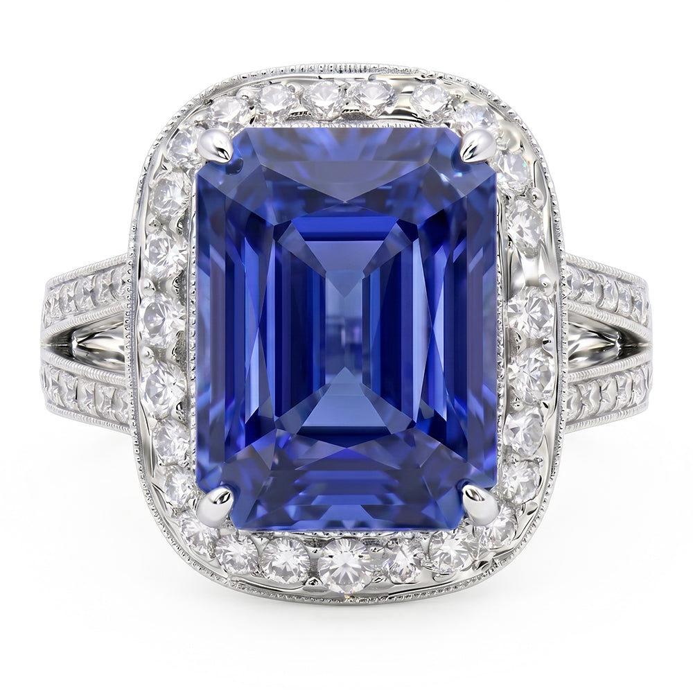 Round Natural Earth Mined Diamond Halo Radiant Sapphire Ring Split Milgrain Shank 5 Carats
