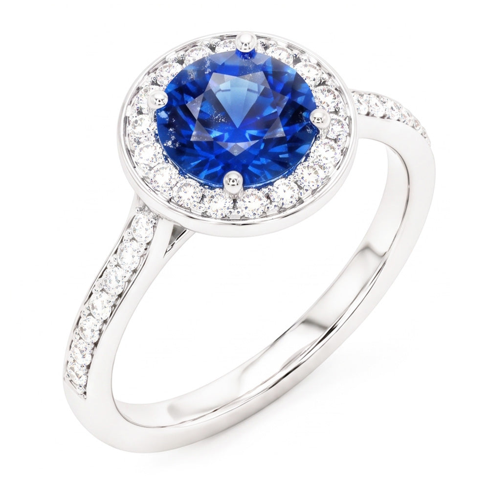 Round Natural Earth Mined Diamond Halo Ring Ceylon Sapphire 4 Carats White Gold Accents
