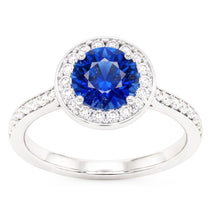 Round Natural Earth Mined Diamond Halo Ring Ceylon Sapphire 4 Carats White Gold Accents