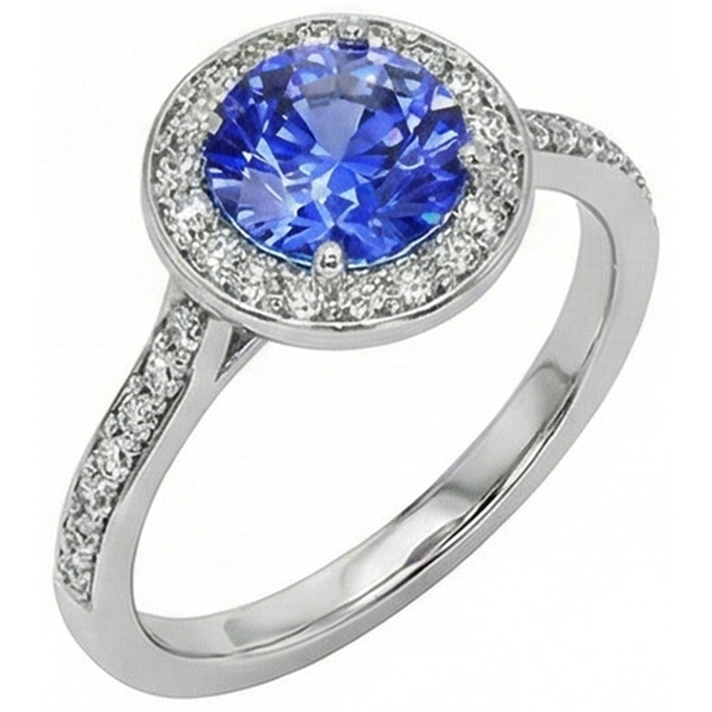 Round Natural Earth Mined Diamond Halo Ring Ceylon Sapphire 4 Carats White Gold Accents