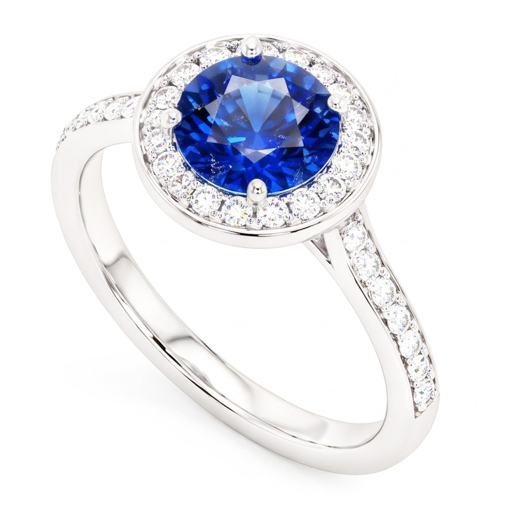 Round Natural Earth Mined Diamond Halo Ring Ceylon Sapphire 4 Carats White Gold Accents