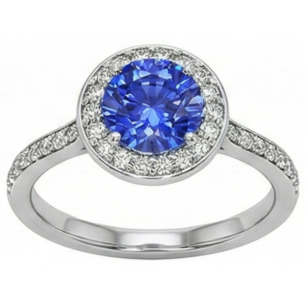Round Natural Earth Mined Diamond Halo Ring Ceylon Sapphire 4 Carats White Gold Accents
