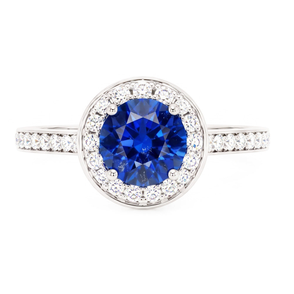 Round Natural Earth Mined Diamond Halo Ring Ceylon Sapphire 4 Carats White Gold Accents