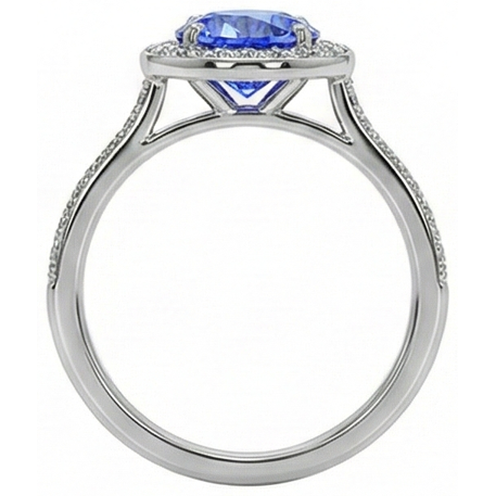 Round Natural Earth Mined Diamond Halo Ring Ceylon Sapphire 4 Carats White Gold Accents