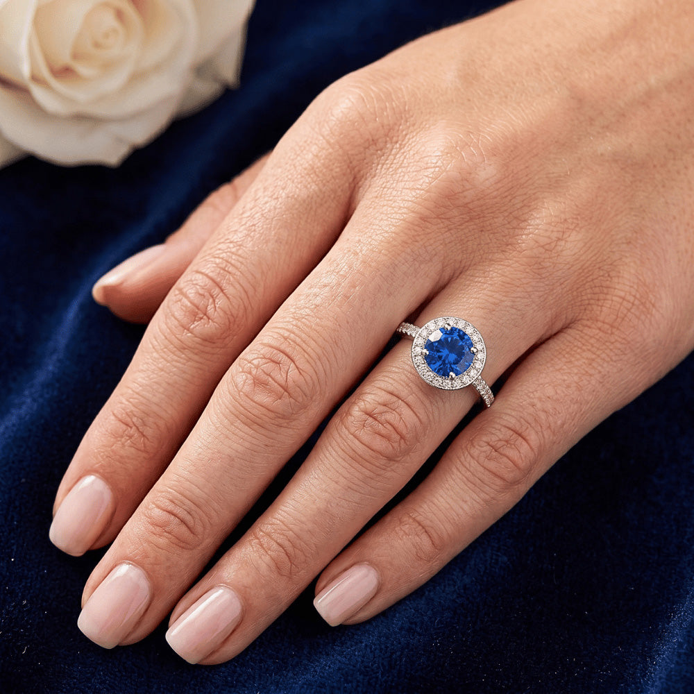 Round Natural Earth Mined Diamond Halo Ring Ceylon Sapphire 4 Carats White Gold Accents