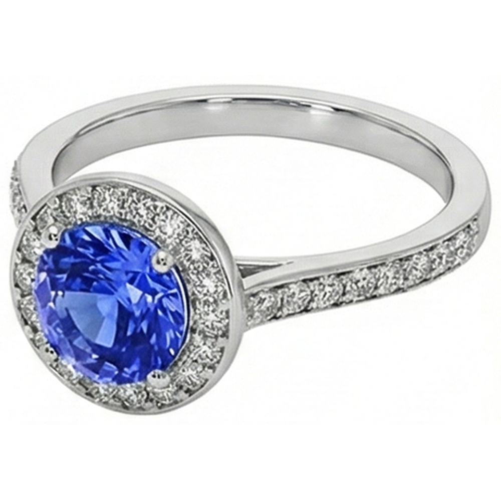 Round Natural Earth Mined Diamond Halo Ring Ceylon Sapphire 4 Carats White Gold Accents