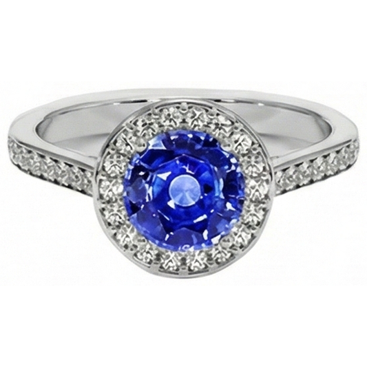Round Natural Earth Mined Diamond Halo Ring Ceylon Sapphire 4 Carats White Gold Accents
