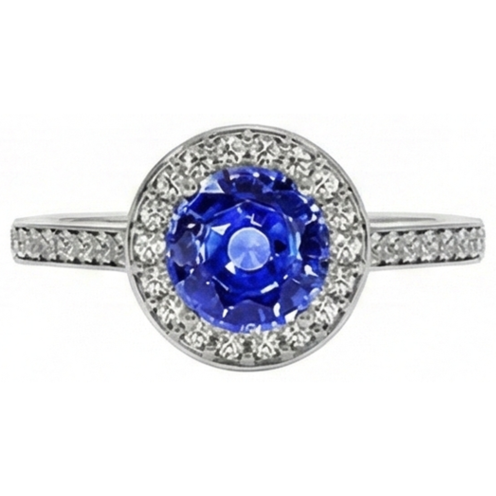 Round Natural Earth Mined Diamond Halo Ring Ceylon Sapphire 4 Carats White Gold Accents