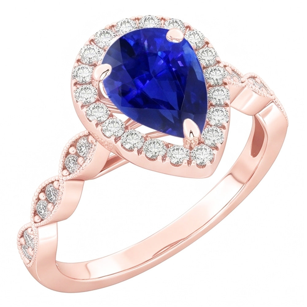 Round Natural Earth Mined Diamond Halo Ring Pear Sri Lankan Sapphire 5 Carats