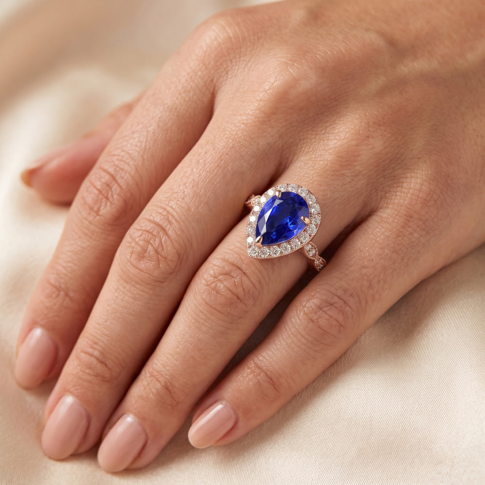 Round Natural Earth Mined Diamond Halo Ring Pear Sri Lankan Sapphire 5 Carats