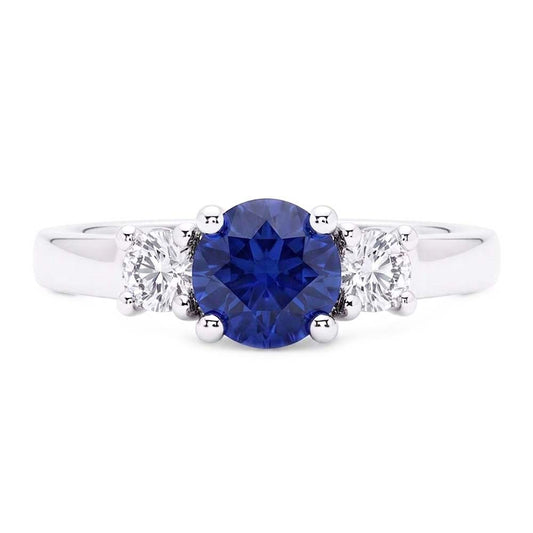 Round Natural Earth Mined Diamond Jewellery 3 Stone Ceylon Sapphire Ring Gold 1.50 Carats