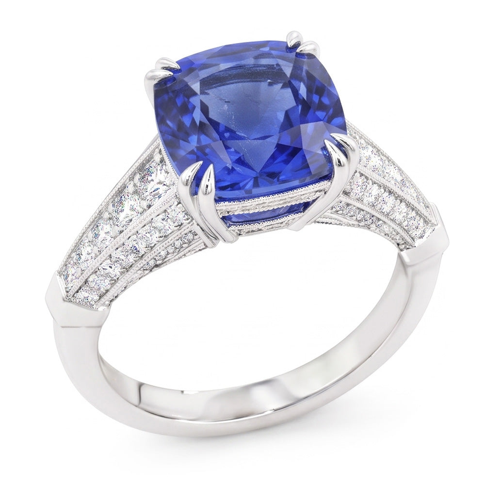 Round Natural Earth Mined Diamond Jewellery Cushion Ceylon Sapphire 3.50 Carats Gold