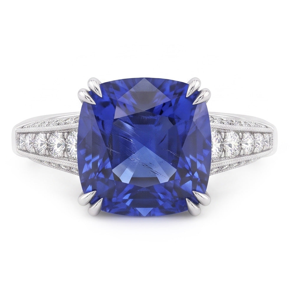 Round Natural Earth Mined Diamond Jewellery Cushion Ceylon Sapphire 3.50 Carats Gold