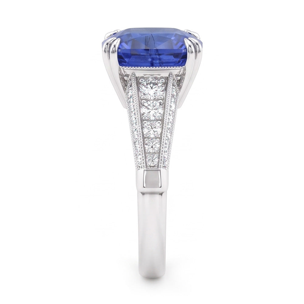 Round Natural Earth Mined Diamond Jewellery Cushion Ceylon Sapphire 3.50 Carats Gold