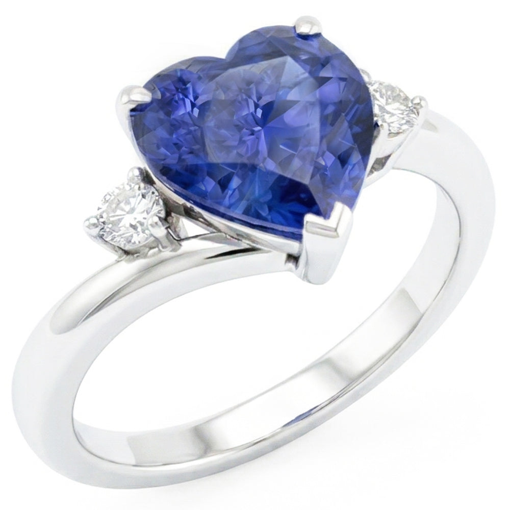 Round Natural Earth Mined Diamond Ring 3 Stone Heart Ceylon Sapphire Jewellery 2.25 Carats