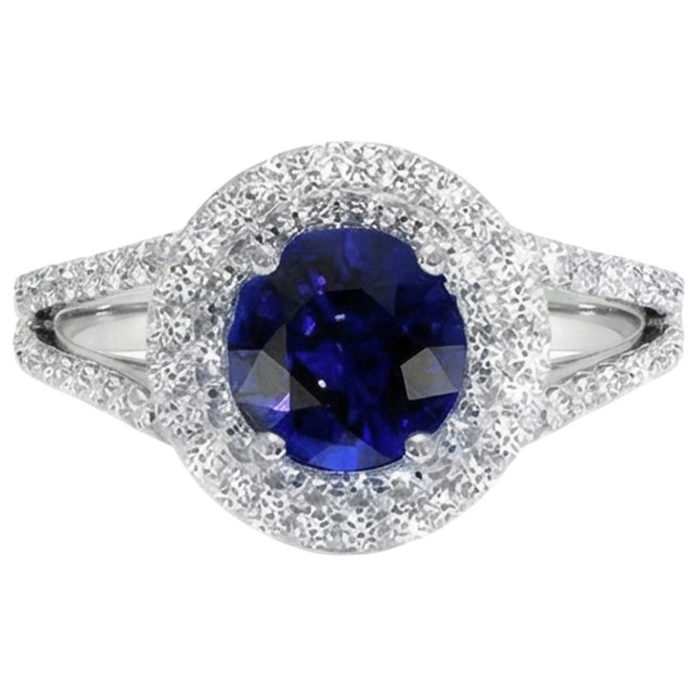 Round Natural Earth Mined Diamond Ring Halo Blue Sapphire 3.50 Carats New Gemstone Gold
