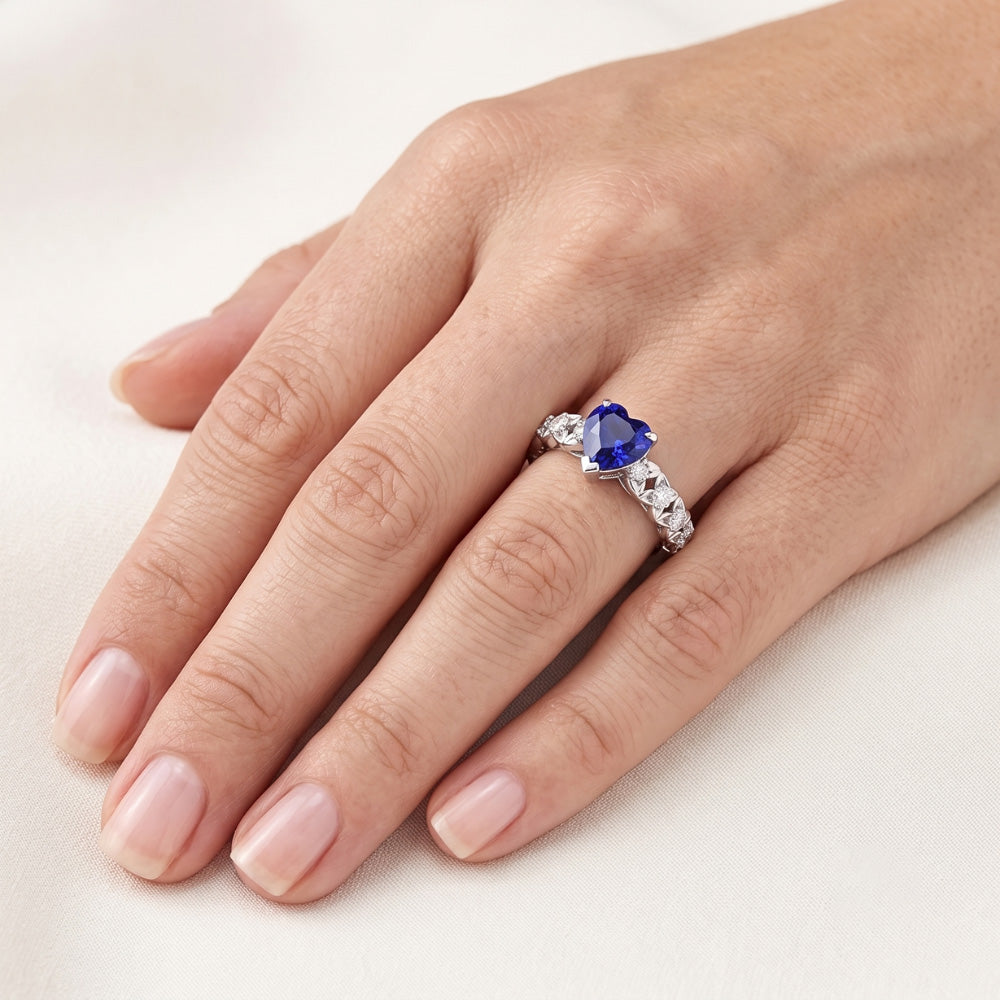 Round Natural Earth Mined Diamond Ring Heart Cut Sri Lankan Sapphire 2 Carats With Accents