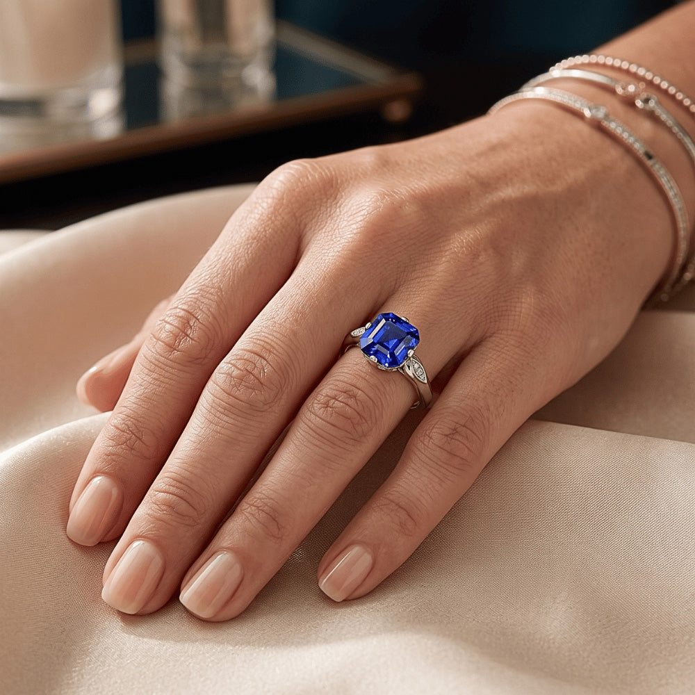 Round Natural Earth Mined Diamond Sapphire Anniversary Ring Asscher Cut 3 Carats Gold 14K