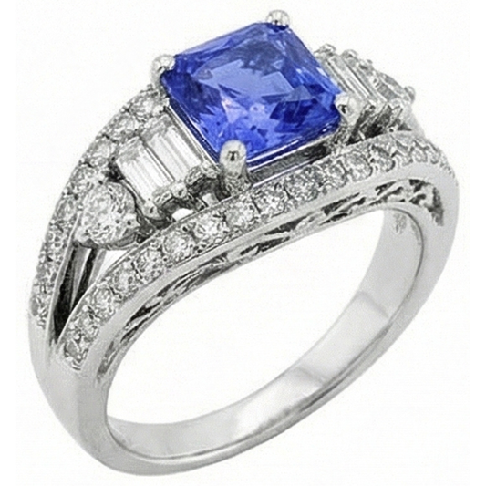 Round Natural Earth Mined Diamond Sapphire Ring Open Eye Style Split Shank 2.50 Carats