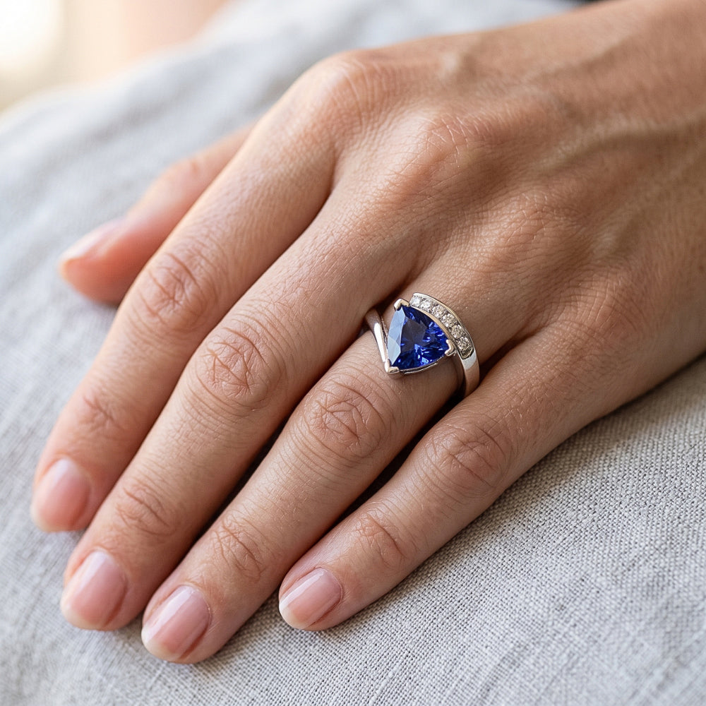 Round Natural Earth Mined Diamond Trillion Blue Sapphire Ring Tension Channel Set 2 Carats