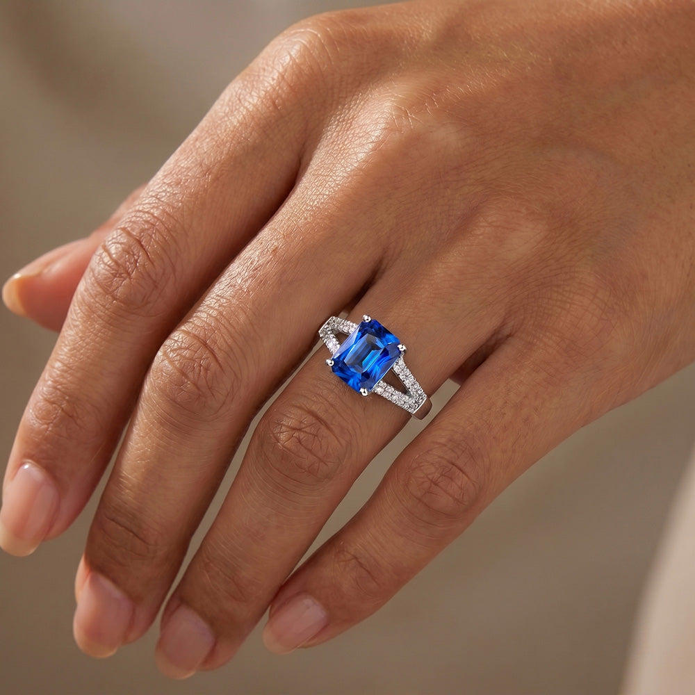 Round Natural Earth Mined Diamond Wedding Ring Blue Sapphire Split Shank 2 Carats
