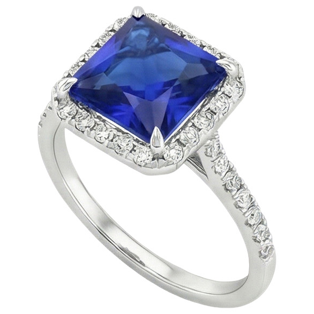 Round Natural Earth Mined Diamond & Blue Sapphire Engagement Ring With Accents 6 Carats
