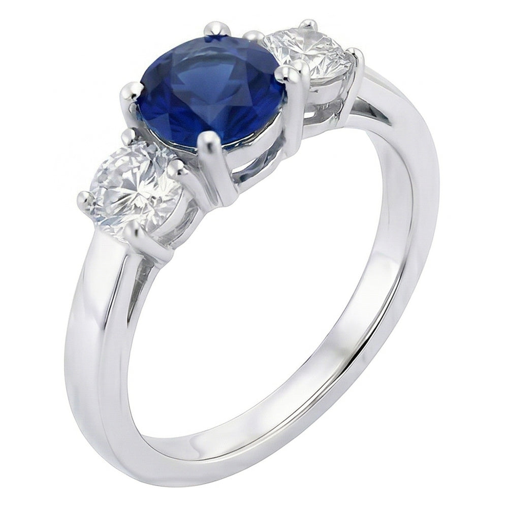 Round Natural Earth Mined Diamond & Ceylon Sapphire Ring 3 Carats 3 Stone White Gold 14K