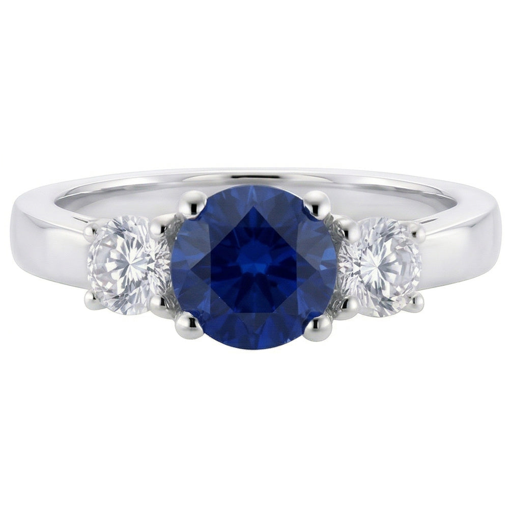 Round Natural Earth Mined Diamond & Ceylon Sapphire Ring 3 Carats 3 Stone White Gold 14K