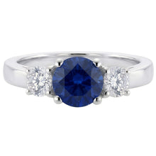 Round Natural Earth Mined Diamond & Ceylon Sapphire Ring 3 Carats 3 Stone White Gold 14K