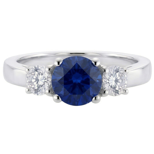 Round Natural Earth Mined Diamond & Ceylon Sapphire Ring 3 Carats 3 Stone White Gold 14K
