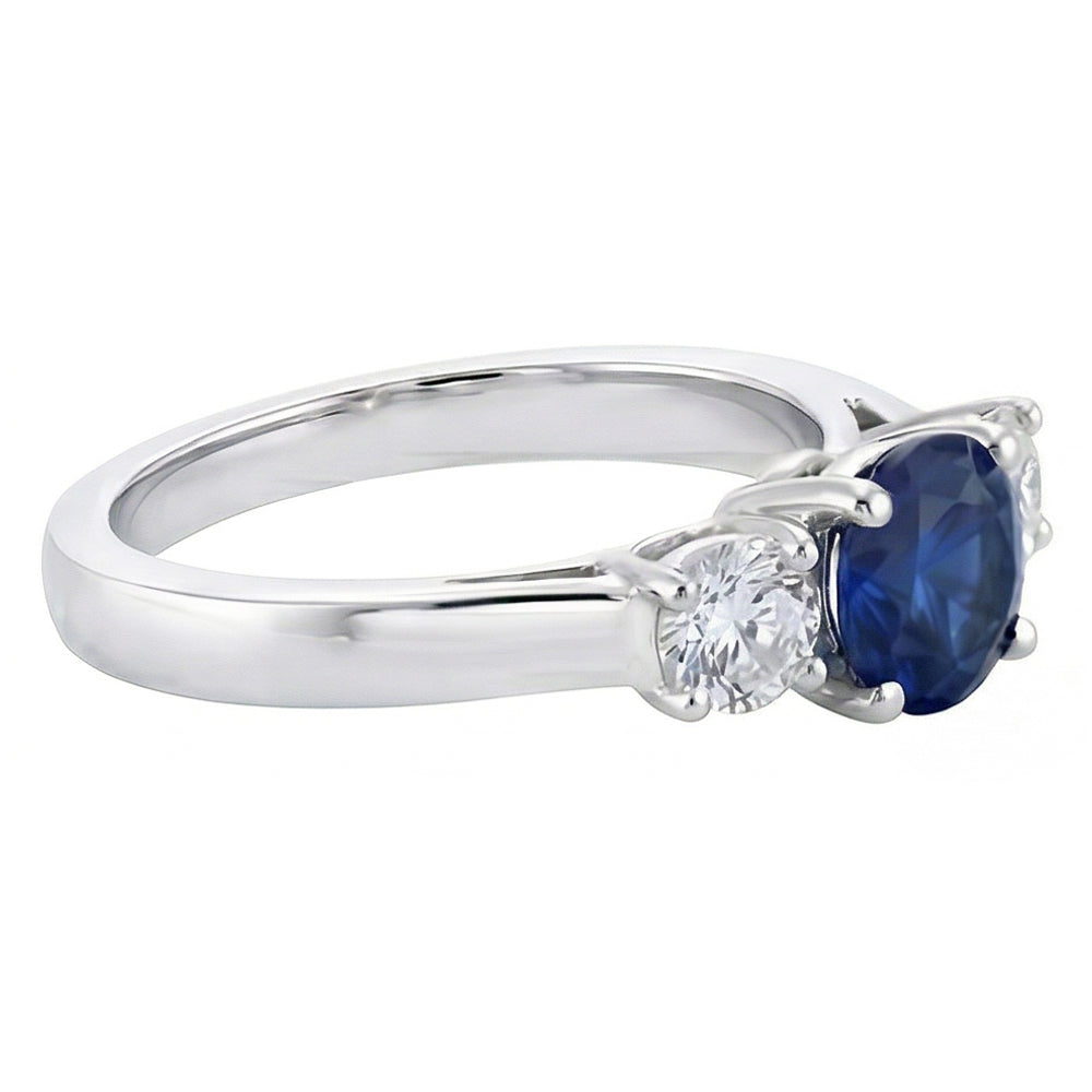 Round Natural Earth Mined Diamond & Ceylon Sapphire Ring 3 Carats 3 Stone White Gold 14K