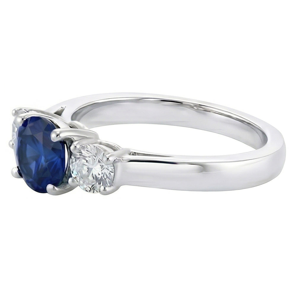 Round Natural Earth Mined Diamond & Ceylon Sapphire Ring 3 Carats 3 Stone White Gold 14K