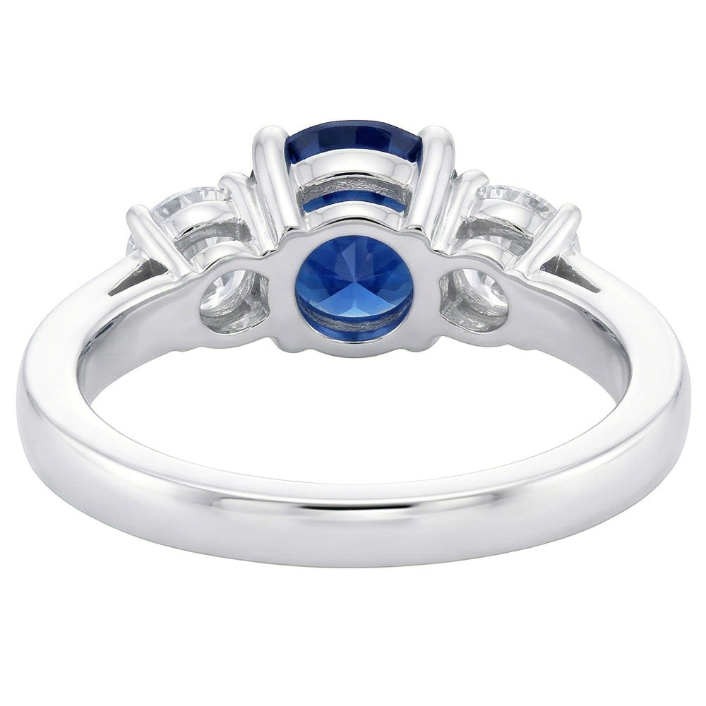 Round Natural Earth Mined Diamond & Ceylon Sapphire Ring 3 Carats 3 Stone White Gold 14K