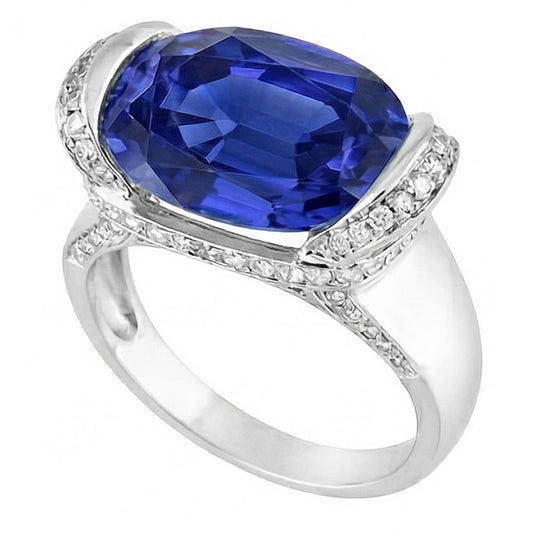 Round Natural Earth Mined Diamond & Oval Cut Blue Sapphire Ring Bar Setting 4.50 Carats