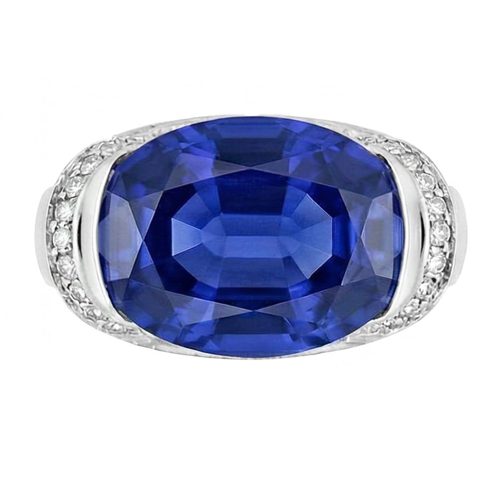 Round Natural Earth Mined Diamond & Oval Cut Blue Sapphire Ring Bar Setting 4.50 Carats
