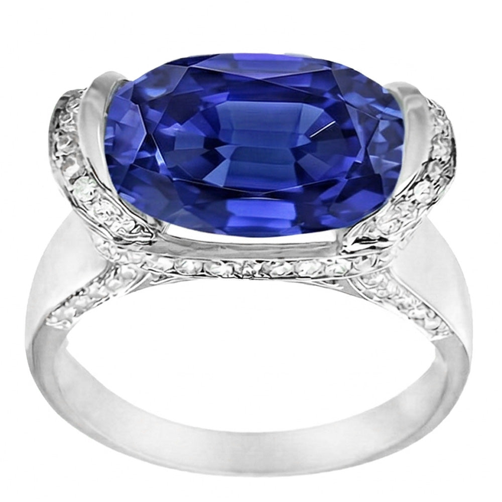 Round Natural Earth Mined Diamond & Oval Cut Blue Sapphire Ring Bar Setting 4.50 Carats