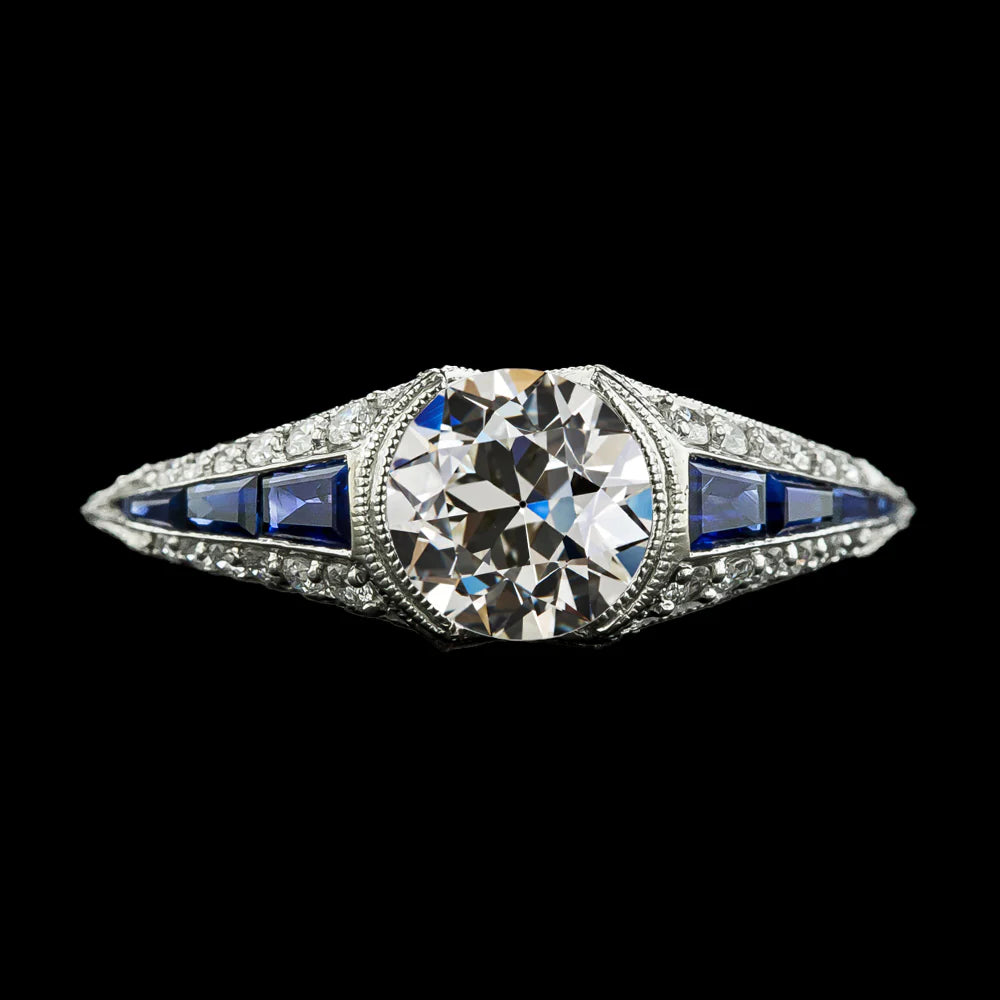 Round Old Cut Real Diamond & Blue Sapphires Ring Half Bezel Set 3.50 Carats