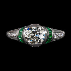 Round Old Cut Real Diamond & Emeralds Ring 3.75 Carats White Gold