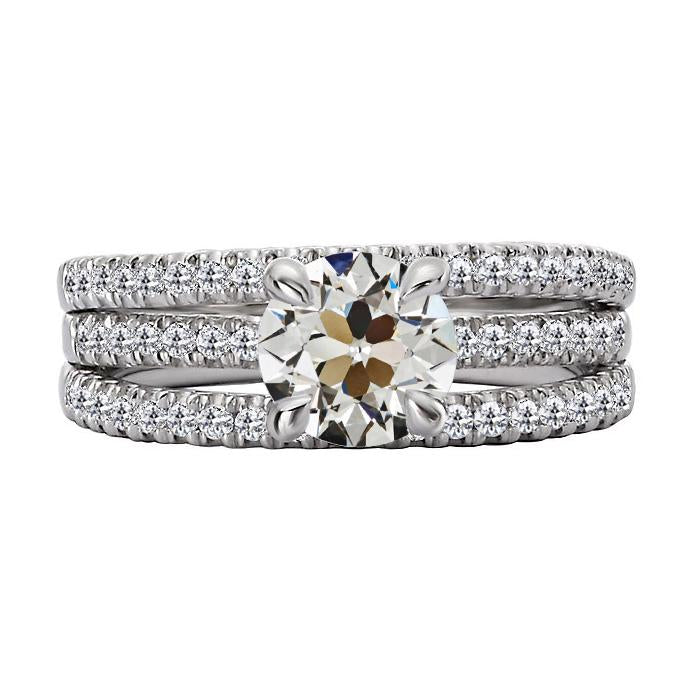 Round Old Cut Real  Diamond Engagement Ring With Triple Row Accents 6 Carats