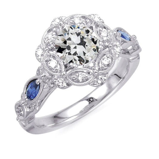 Round Old Cut Real Diamond & Marquise Sapphires Ring 4.50 Carats Milgrain