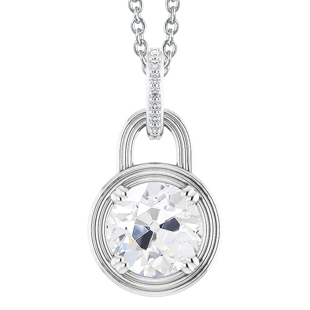 Round Old Cut Real Diamond Pendant Lock Style 3.50 Carats White Gold 14K