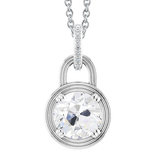 Round Old Cut Real Diamond Pendant Lock Style 3.50 Carats White Gold 14K
