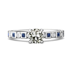 Round Old Cut Real Natural Earth Mined Diamond & Princess Blue Sapphire Ring 4.50 Carats