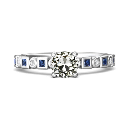 Round Old Cut Real Diamond & Princess Blue Sapphire Ring 4.50 Carats