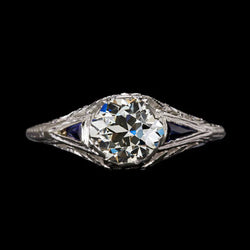 Round Old Cut Real Diamond & Trillion Sapphire Three Stone Ring 2.50 Carats
