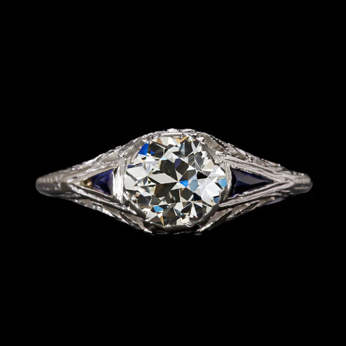 Round Old Cut Real Diamond & Trillion Sapphire Three Stone Ring 2.50 Carats