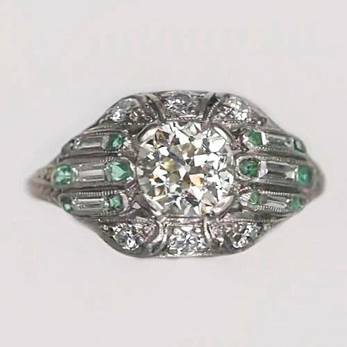 Round Old Mine Cut Genuine Diamond Ring Baguette & Green Sapphire 3.25 Carats