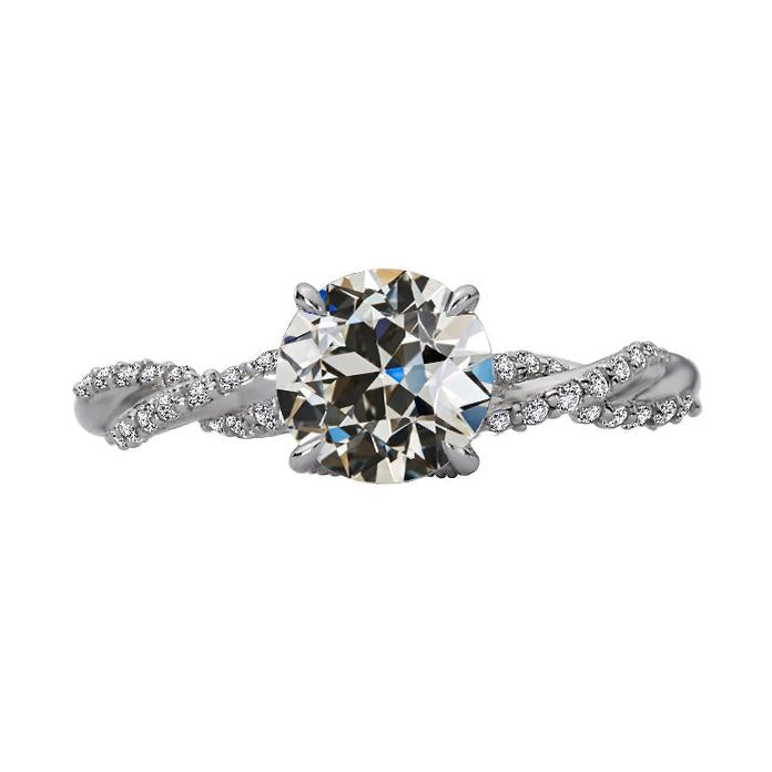 Round Old Mine Cut Genuine Diamond Ring Pave Set Twisted Shank 3.50 Carats